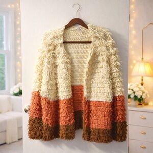 ✨ Earthy Toned Textured Open-Front Cardigan - Colorblock- Size XL